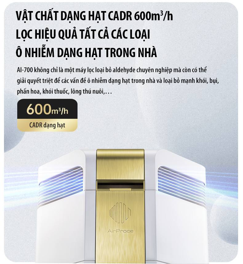 Chỉ số CADR vượt trội của AI-700 giúp lọc formaldehyde trong nội thất
